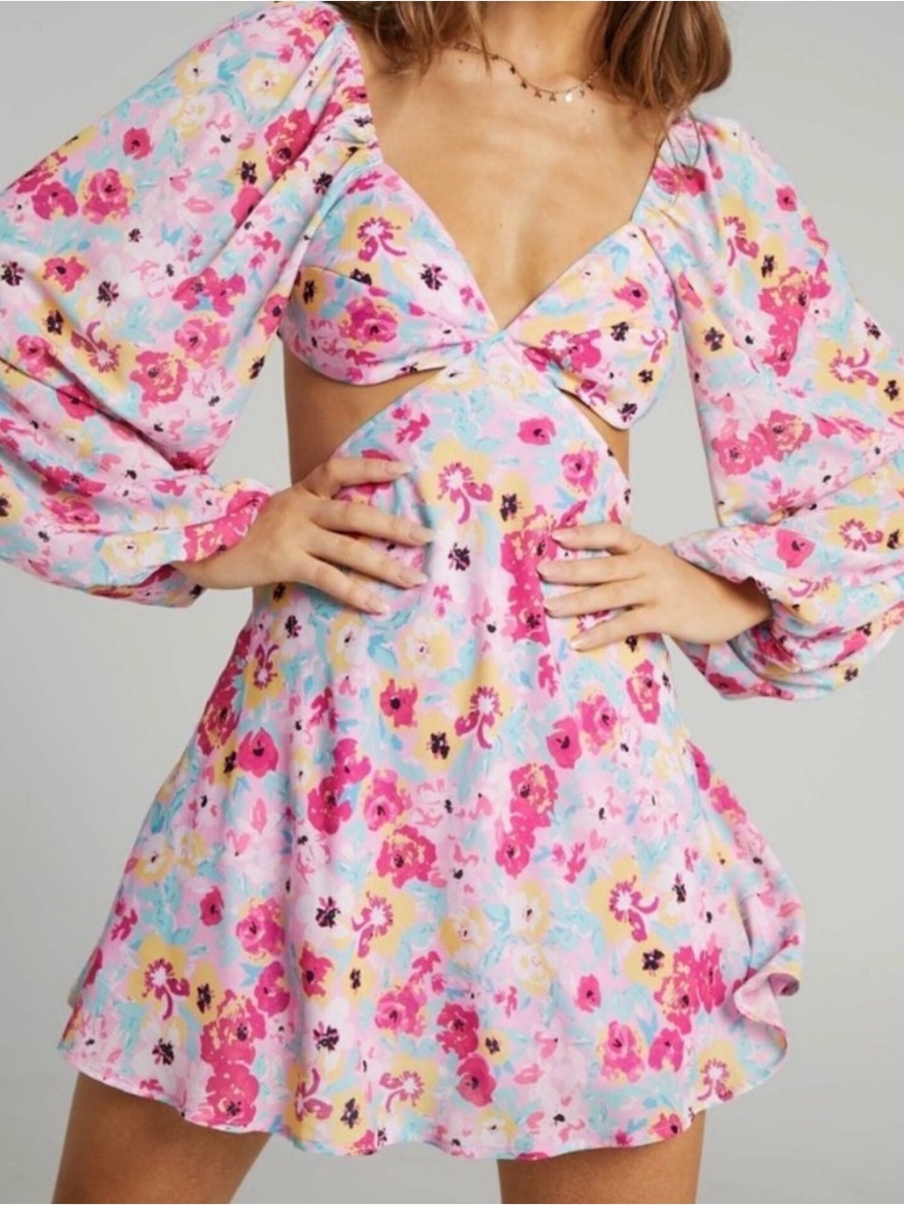 Showpo Pink Multi Floral Twist Cutout Mini Dress